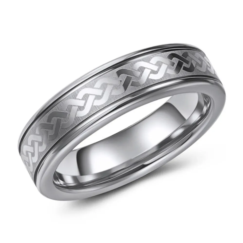 6mm wide flat top tungsten band with braided pattern centre