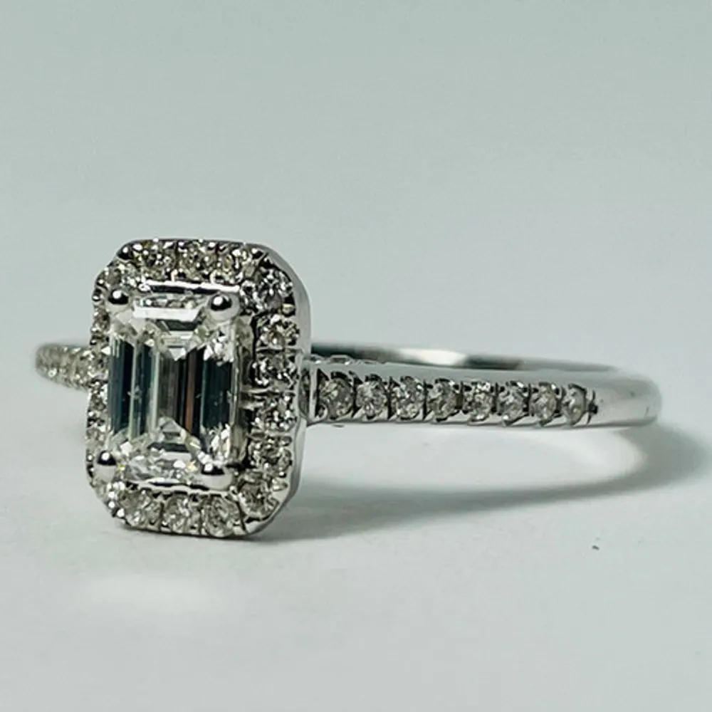 14kt White Gold Emerald Cut Diamond Halo Engagement Ring