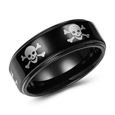 8mm flat black tungsten band with skull and bones