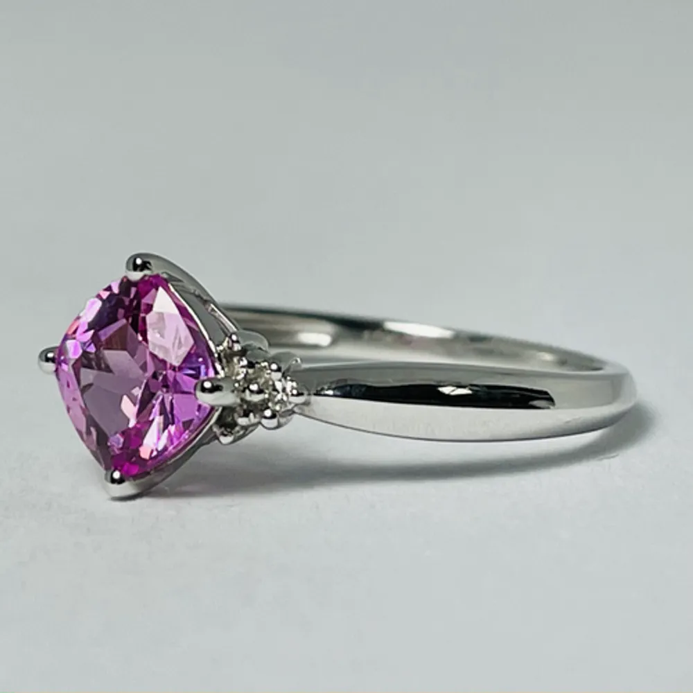 10kt White Gold Cushion Pink Topaz & Diamond Ring