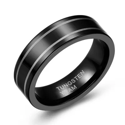 7mm black tungsten band with double line pattern