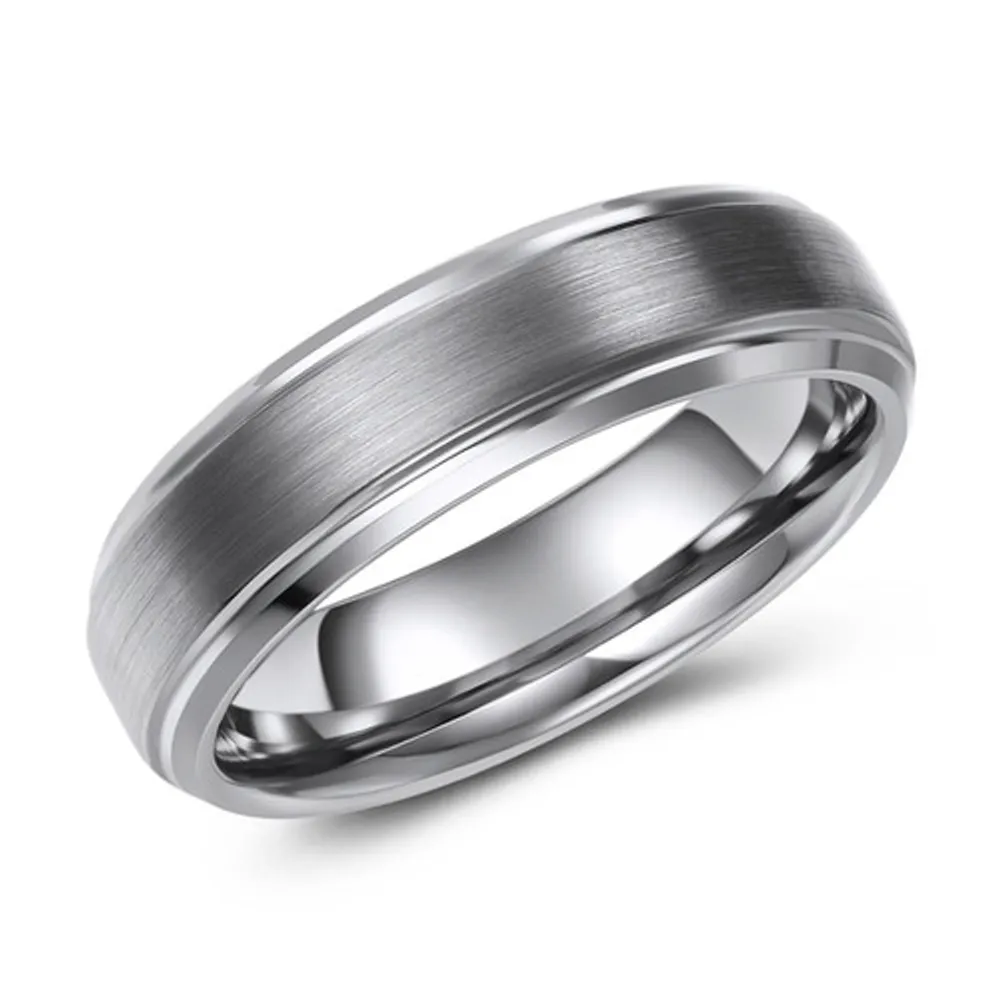 6mm wide tungsten band, raised centre with brushed finish