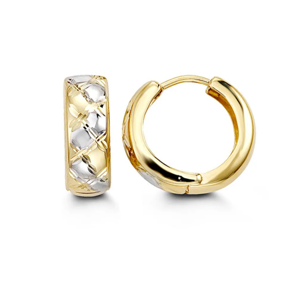 10kt White & Yellow Gold Two-Tone Diamond Cut Huggies