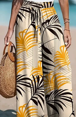 Tropical Print Wide-Leg Pants