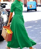 Elegant Green Shirt Dress with Belt and Pockets