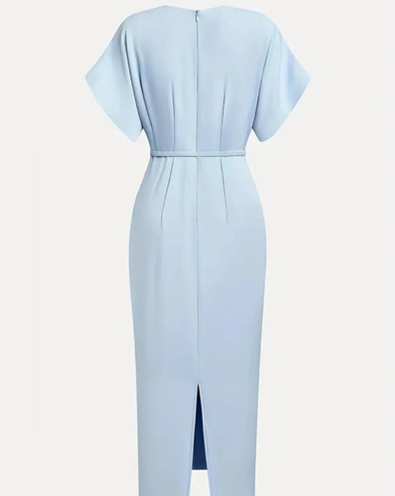 Elegant Light Blue V-Neck A-Line Midi Dress with Belt
