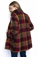 Button-Front Stand Collar Plaid Jacket