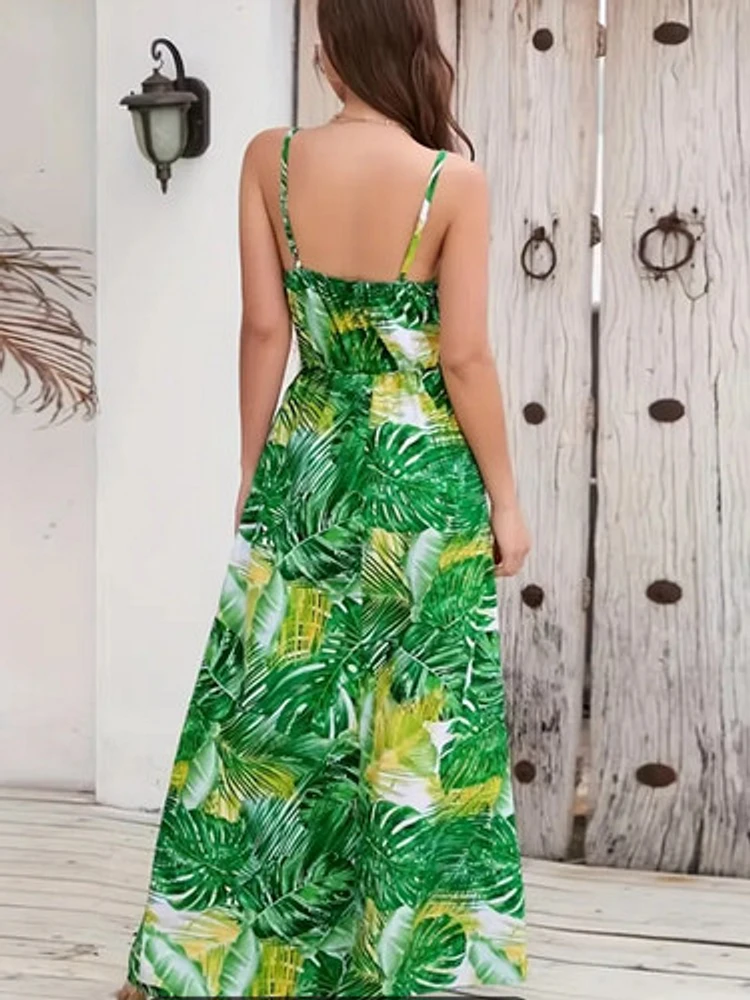 Tropical Print Spaghetti Strap Dress