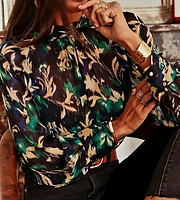 Graphic Print Mock Neck Blouse