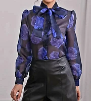 Elegant Floral Print Tie Neck Long Sleeve Shirt