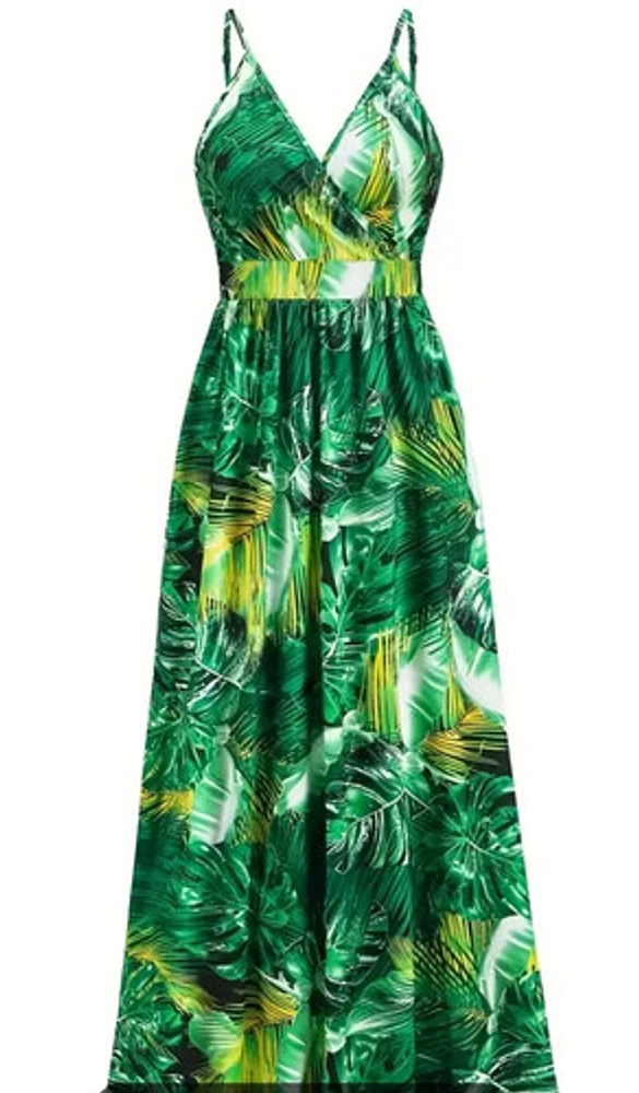 Tropical Print Spaghetti Strap Dress