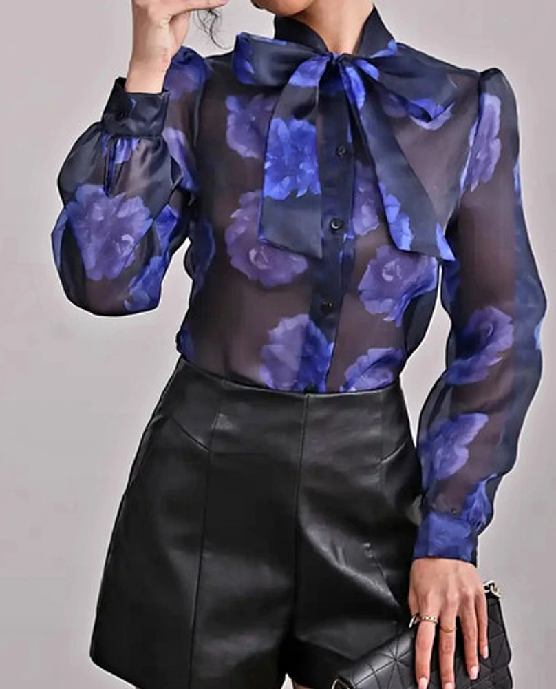 Elegant Floral Print Tie Neck Long Sleeve Shirt