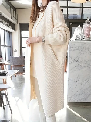 Elegant Rib Knit Open Front Solid Cardigan