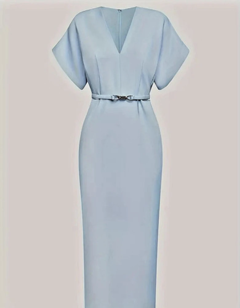 Elegant Light Blue V-Neck A-Line Midi Dress with Belt