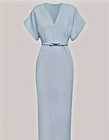 Elegant Light Blue V-Neck A-Line Midi Dress with Belt