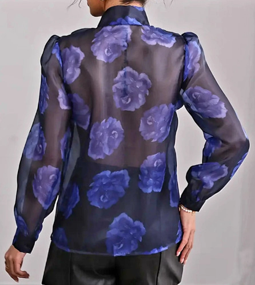 Elegant Floral Print Tie Neck Long Sleeve Shirt