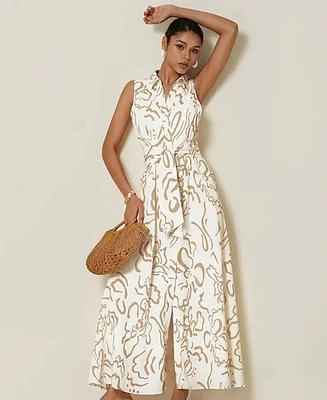 Elegant Beige Sleeveless Maxi Shirt Dress