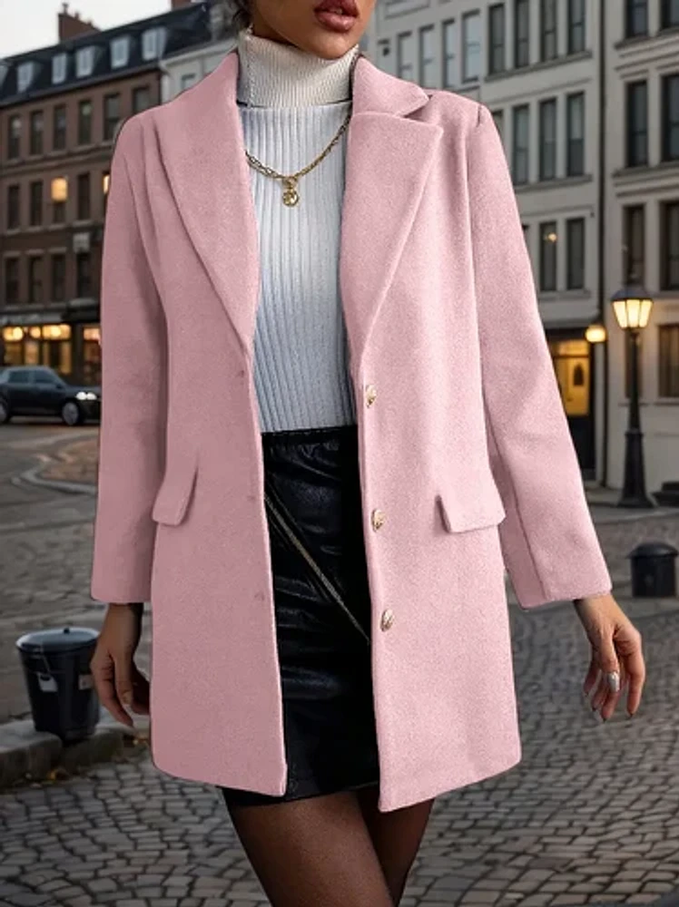 Notched Lapel Long Sleeve Single-Breasted Coat