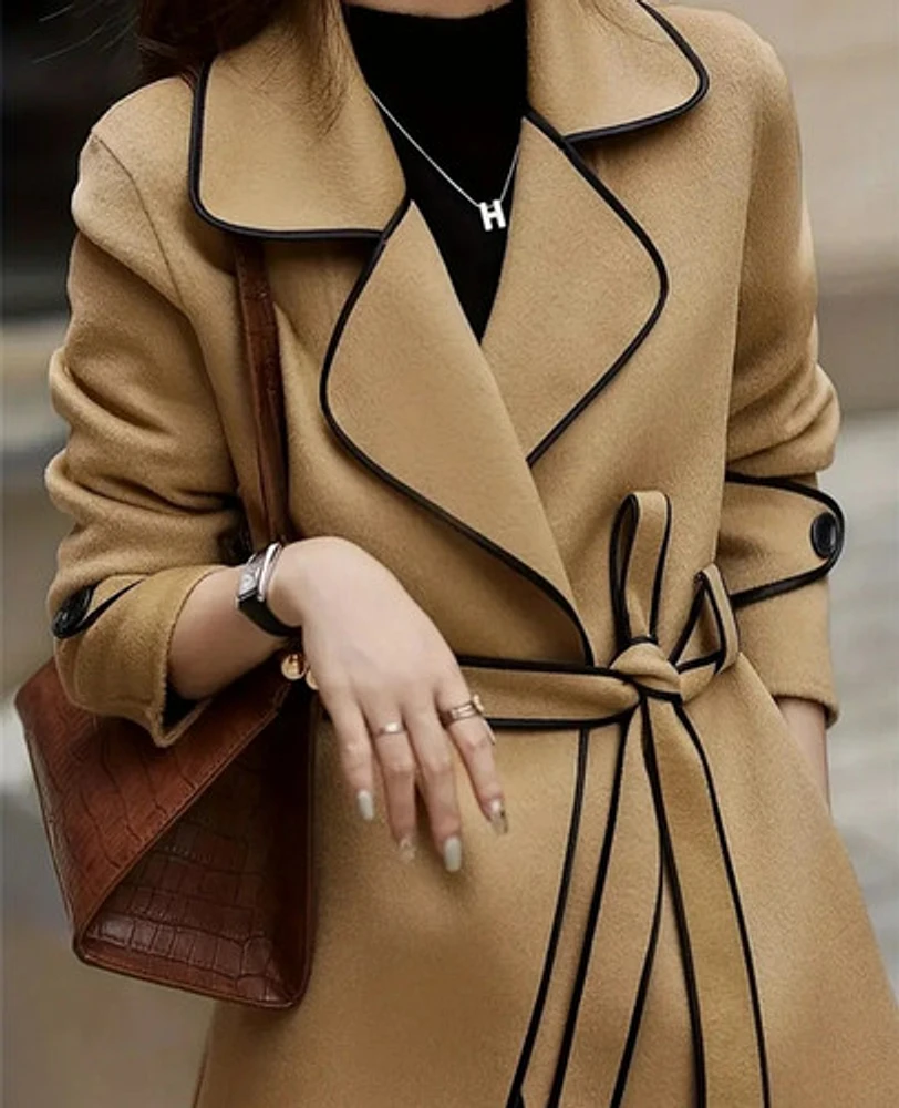 Contrast Trim Long Sleeve Belted Coat