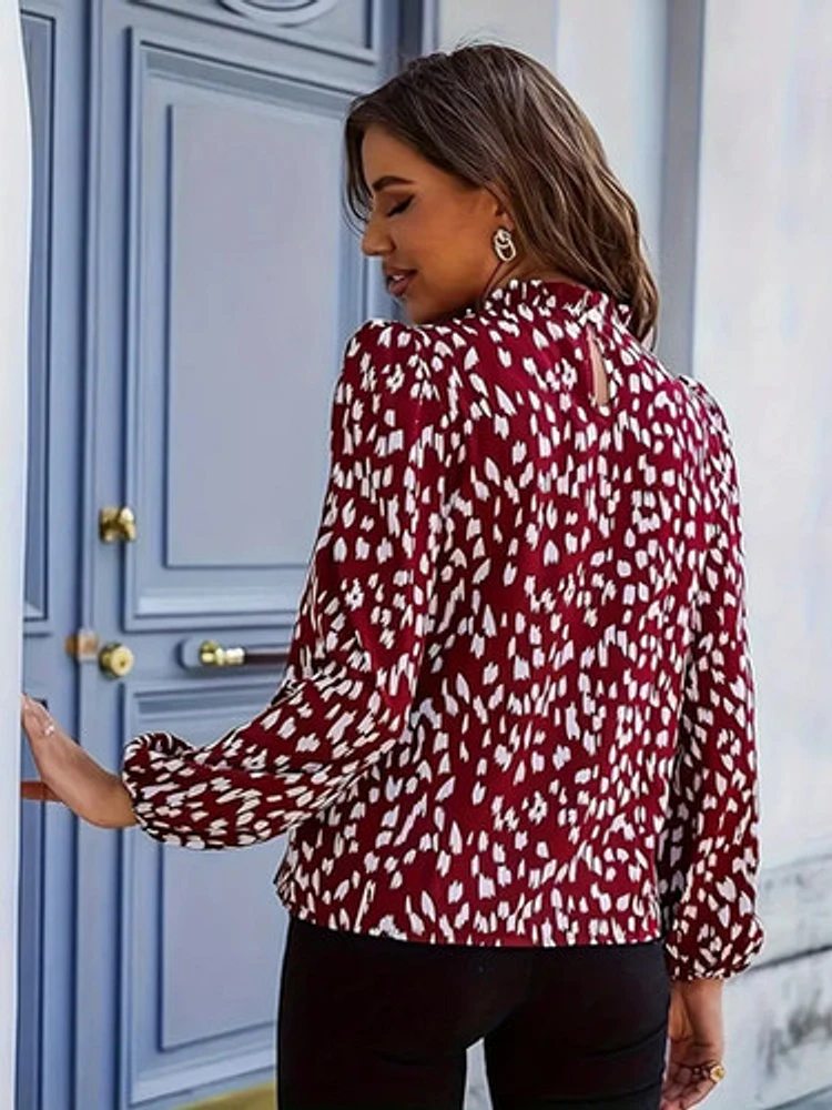 All Over Print Mock Neck Blouse