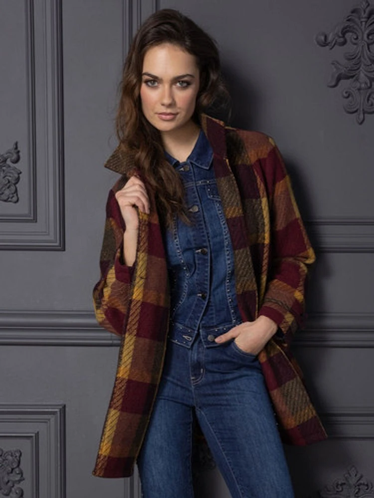 Button-Front Stand Collar Plaid Jacket