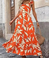 ropical Floral Print Sleeveless Maxi Dress