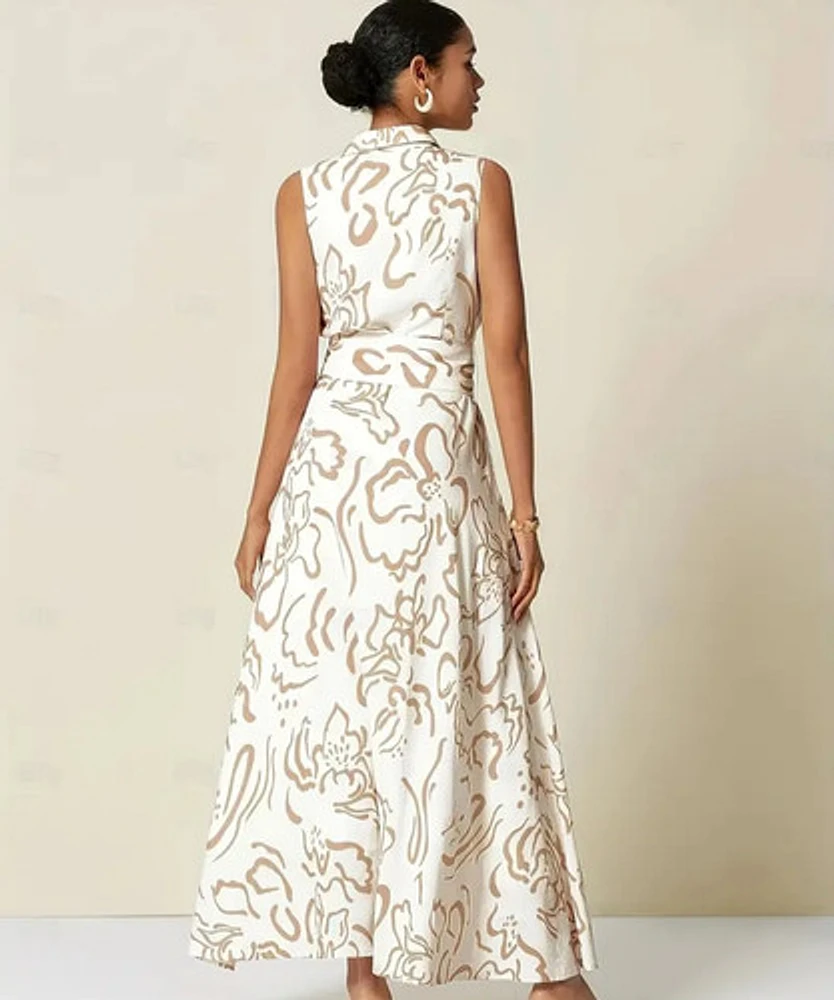 Elegant Beige Sleeveless Maxi Shirt Dress