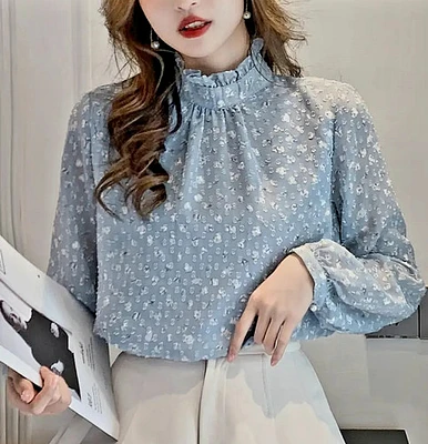 Elegant French Style Floral Print Chiffon Blouse