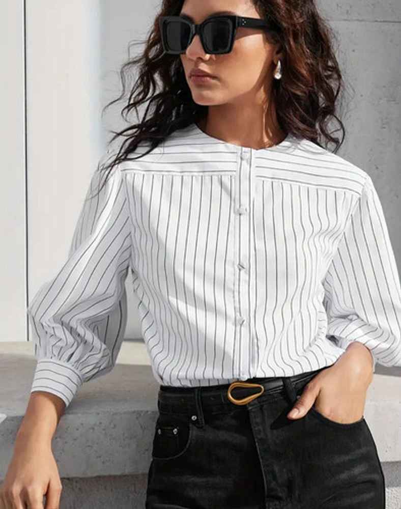 Striped Print Button Front Blouse