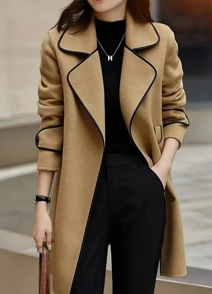 Contrast Trim Long Sleeve Belted Coat