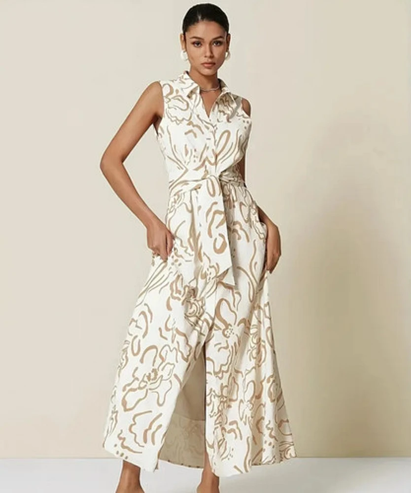 Elegant Beige Sleeveless Maxi Shirt Dress