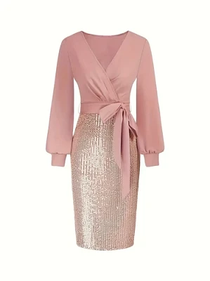 Sequined Surplice Neck Tie Waist Dress