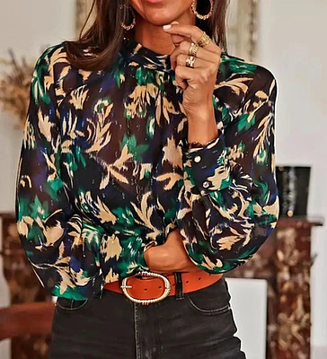 Graphic Print Mock Neck Blouse