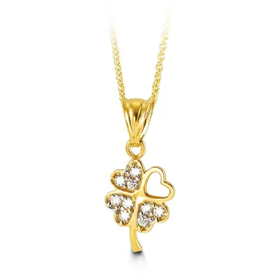 10kt Gold CZ Clover Pendant with Chain