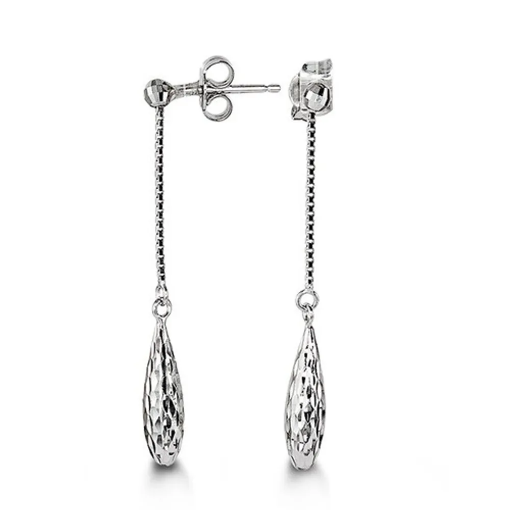 10kt White Gold Diamond-Cut, Tear-Shape Drop Earrings