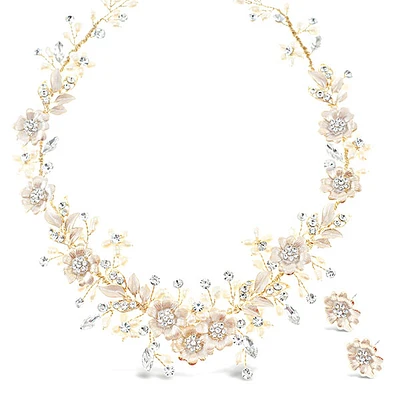 Bridal Gold Flower Necklace & Earrings Set 146365