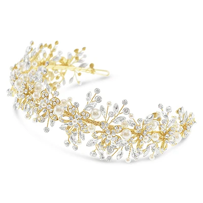 Bridal Gold Flower Pearl Wire Headband 152454