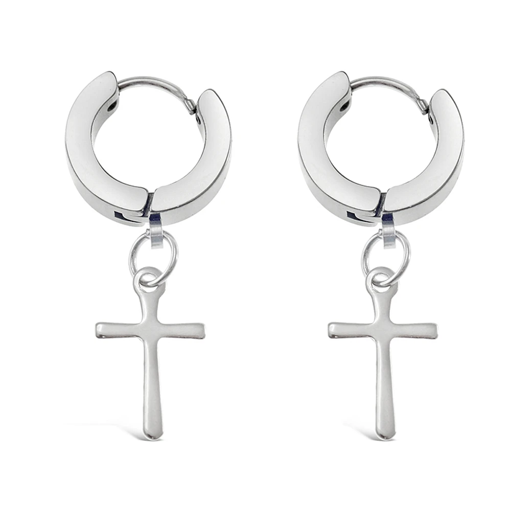 Stainless Steel Silver Cross Huggie Earrings 138269