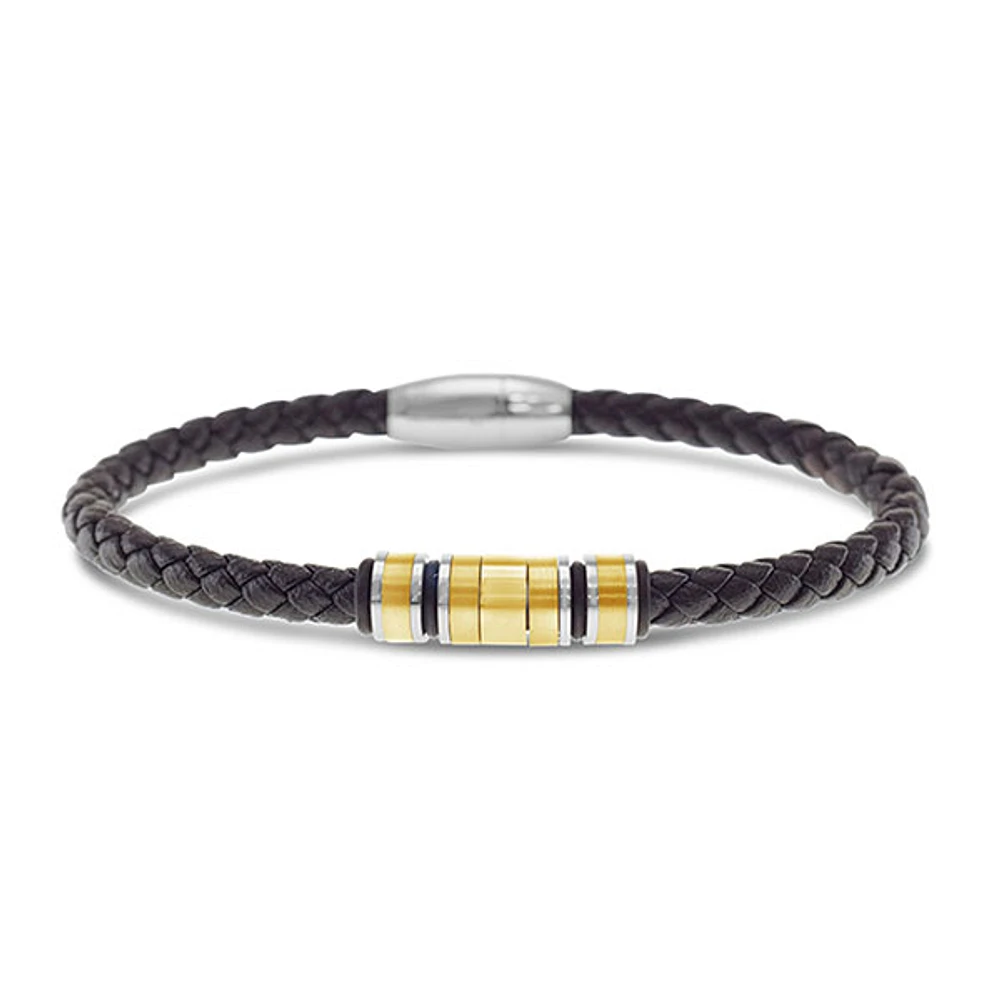 Men's Stainless Steel Leather Gold Bracelet 146549