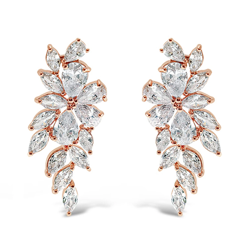 Bridal Rose Gold Cubic Zirconia Floral Drop Earrings 142870