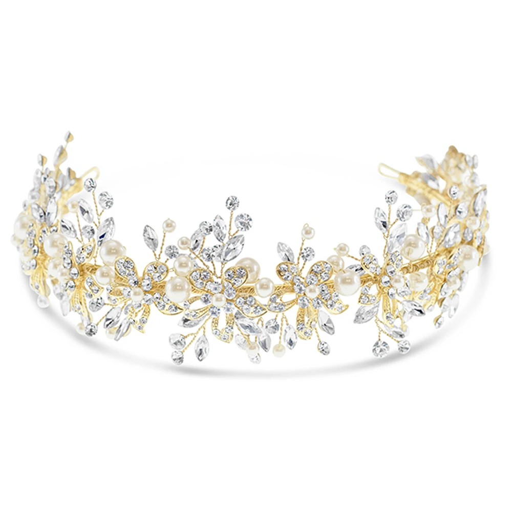 Bridal Gold Flower Pearl Wire Headband 152454