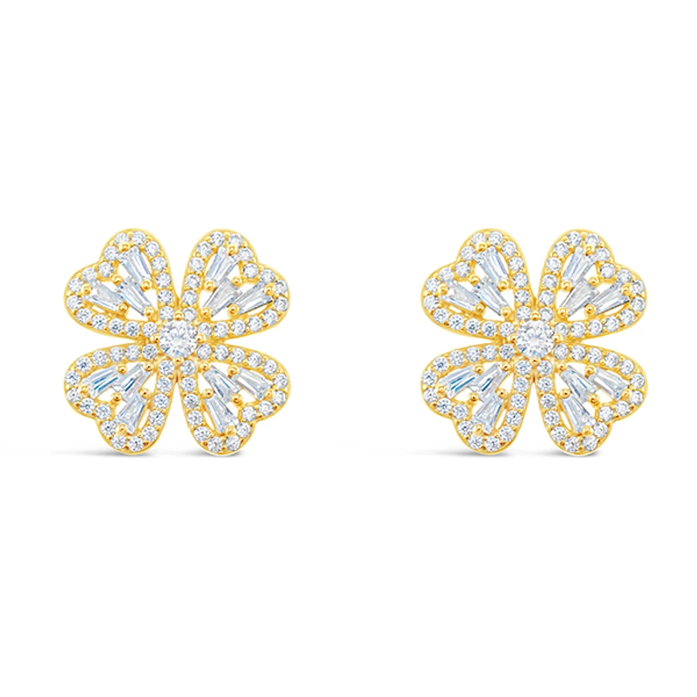 Gold Plated Sterling Silver Flower Cubic Zirconia Earrings