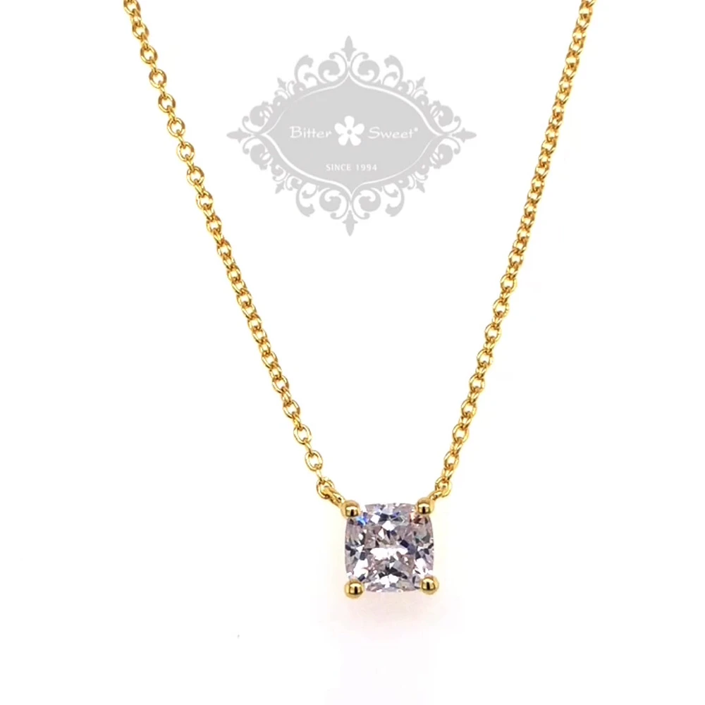 Gold Plated Sterling Silver Cubic Zirconia 6mm Cushion Cut Necklace 143481