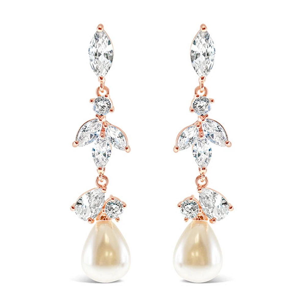 Bridal Rosegold Pearl Cubic Zirconia Drop Earrings 145910
