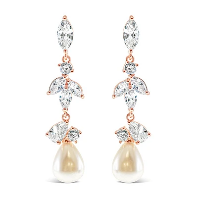 Bridal Rosegold Pearl Cubic Zirconia Drop Earrings 145910