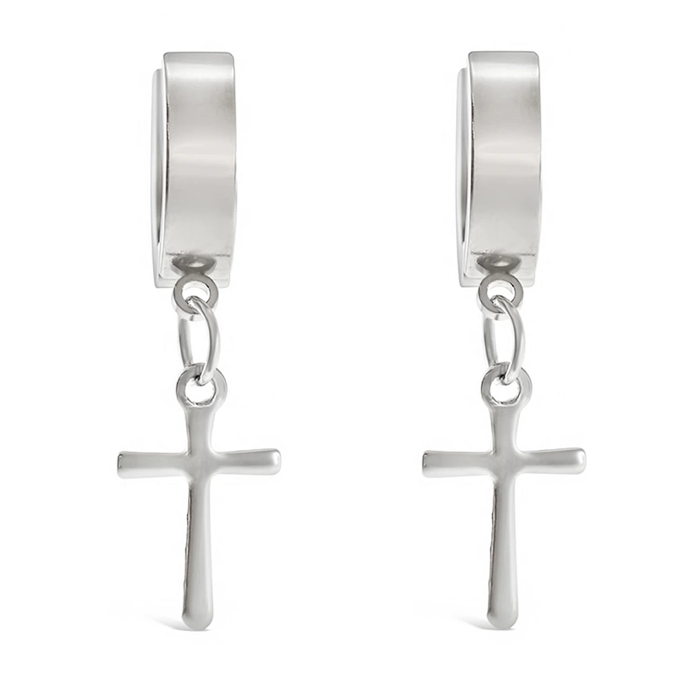 Stainless Steel Silver Cross Huggie Earrings 138269