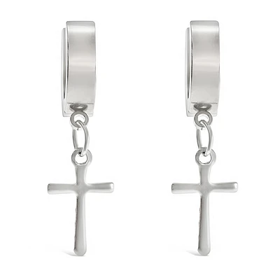 Stainless Steel Silver Cross Huggie Earrings 138269