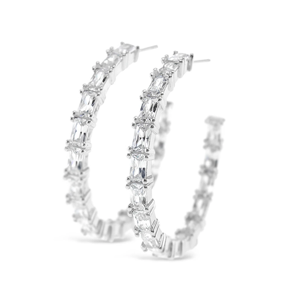 Sterling Silver Cubic Zirconia Baguette Hoop Earrings 151257