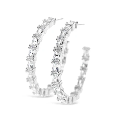 Sterling Silver Cubic Zirconia Baguette Hoop Earrings 151257