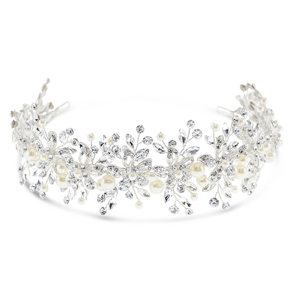 Bridal Silver Flower Pearl Wire Headband 152453